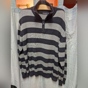 Nautica Men's Navy and Gray Striped Zip-Up Sweater